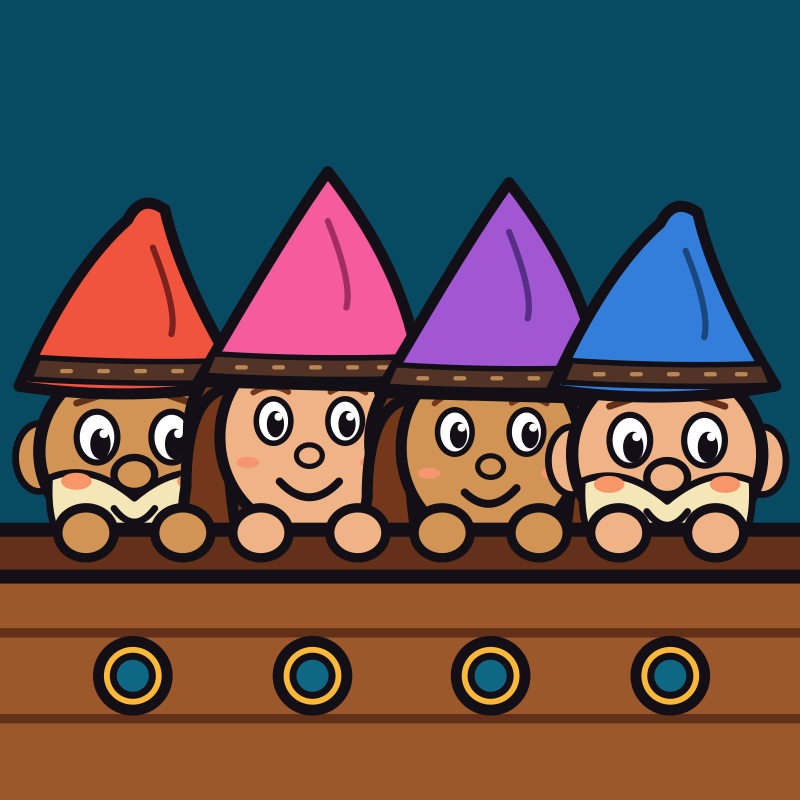 The four gnome captains peeking over the rail of their ship